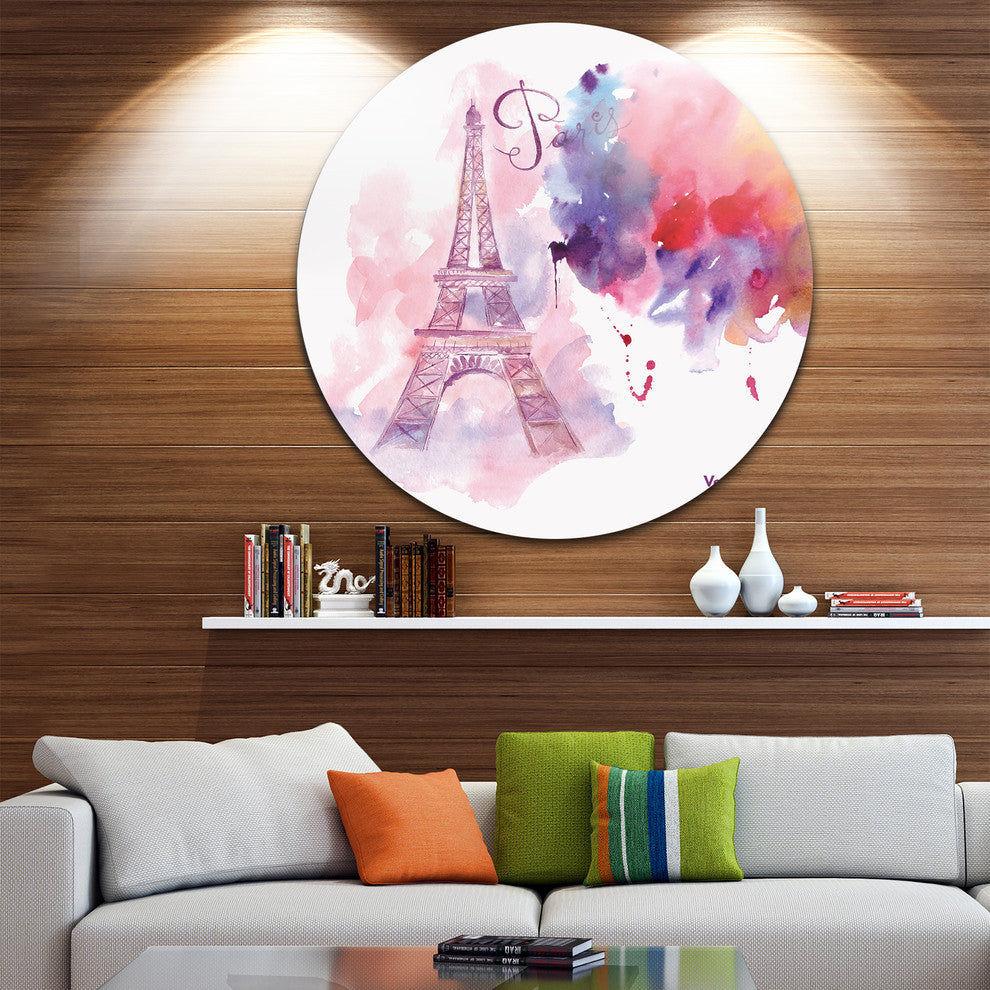 Eiffel Tower In Cloud Of Colors, Watercolor Disc Metal Artwork, 23"