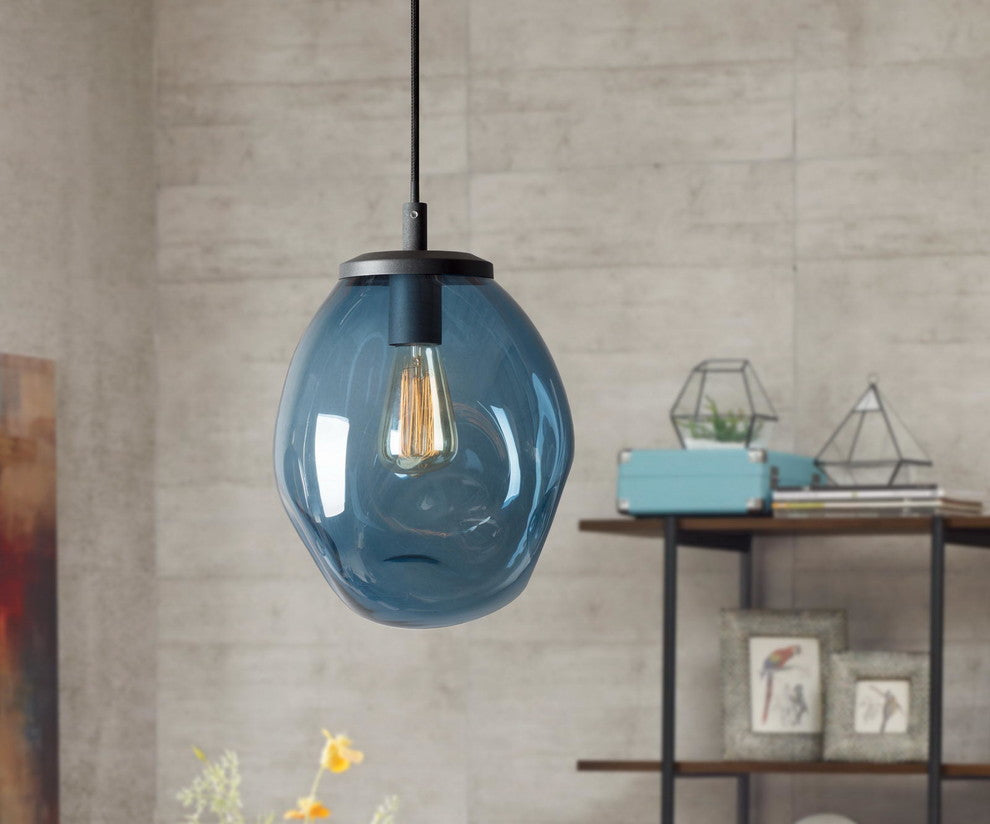 Pendant Light Handblown Glass Contemporary Hanging Light, Blue,12"