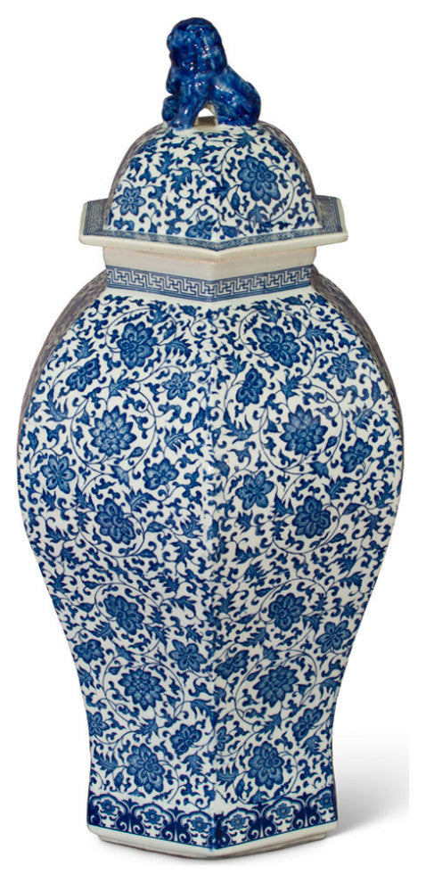 Floral Blue and White Oriental Ginger Jar with Foo Dog Motif Lid
