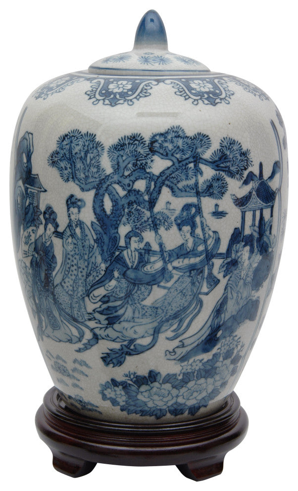 11" Ladies Blue and White Porcelain Vase Jar