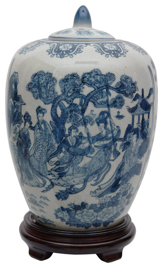 11" Ladies Blue and White Porcelain Vase Jar