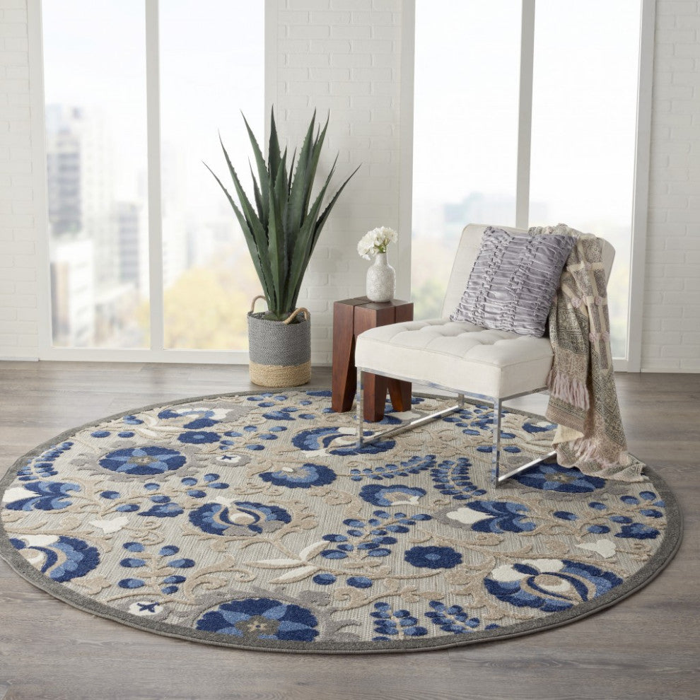 8 Round Natural and Blue Indoor Outdoor Area Rug
