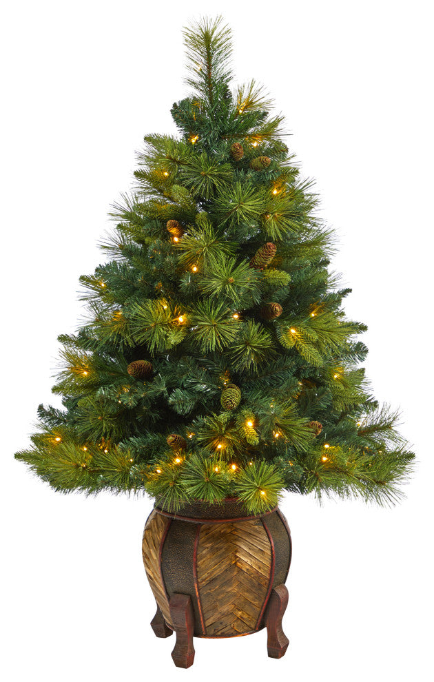 52" North Carolina Pine Faux Xmas Tree W/Lights, Bendable Branches & Pinecones