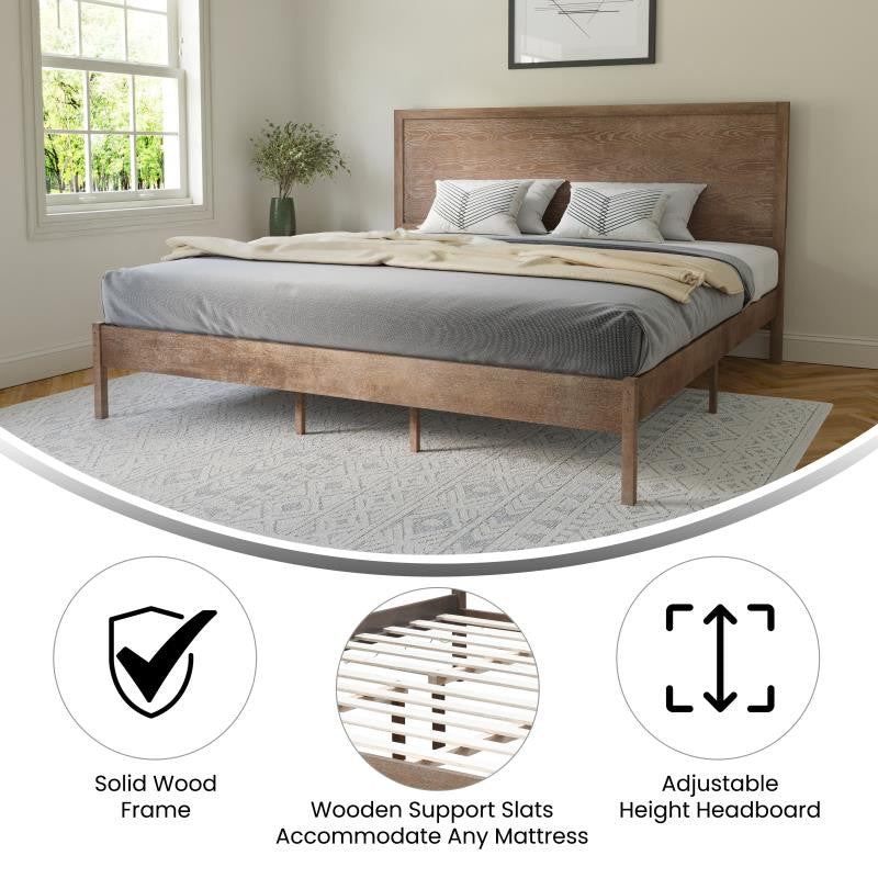 Asher Solid Wood Platform Bed with Wooden Slats and Headboard, Light Brown, King