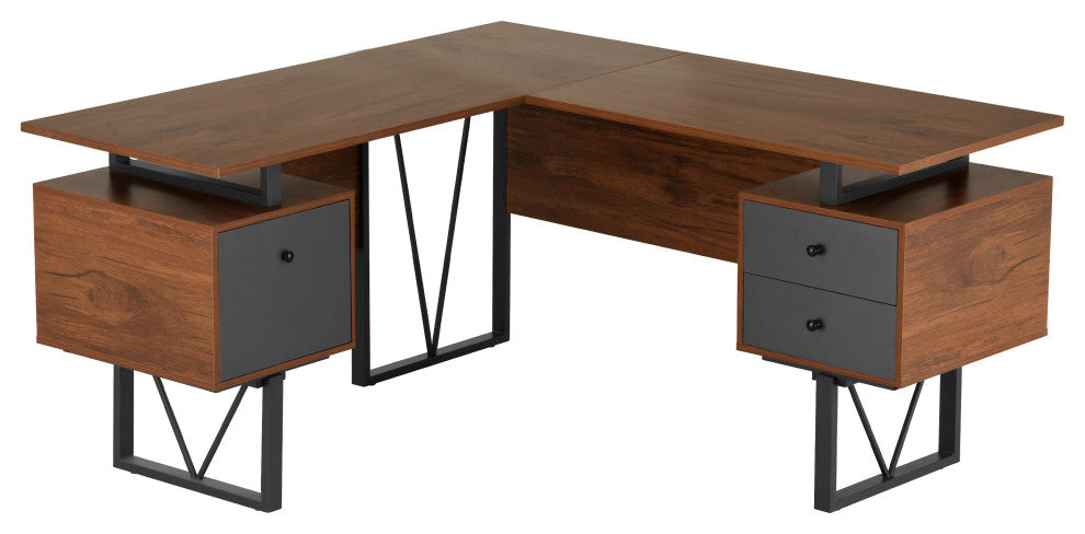 Reversible L-Shape Computer Desk With Drawers and File Cabinet