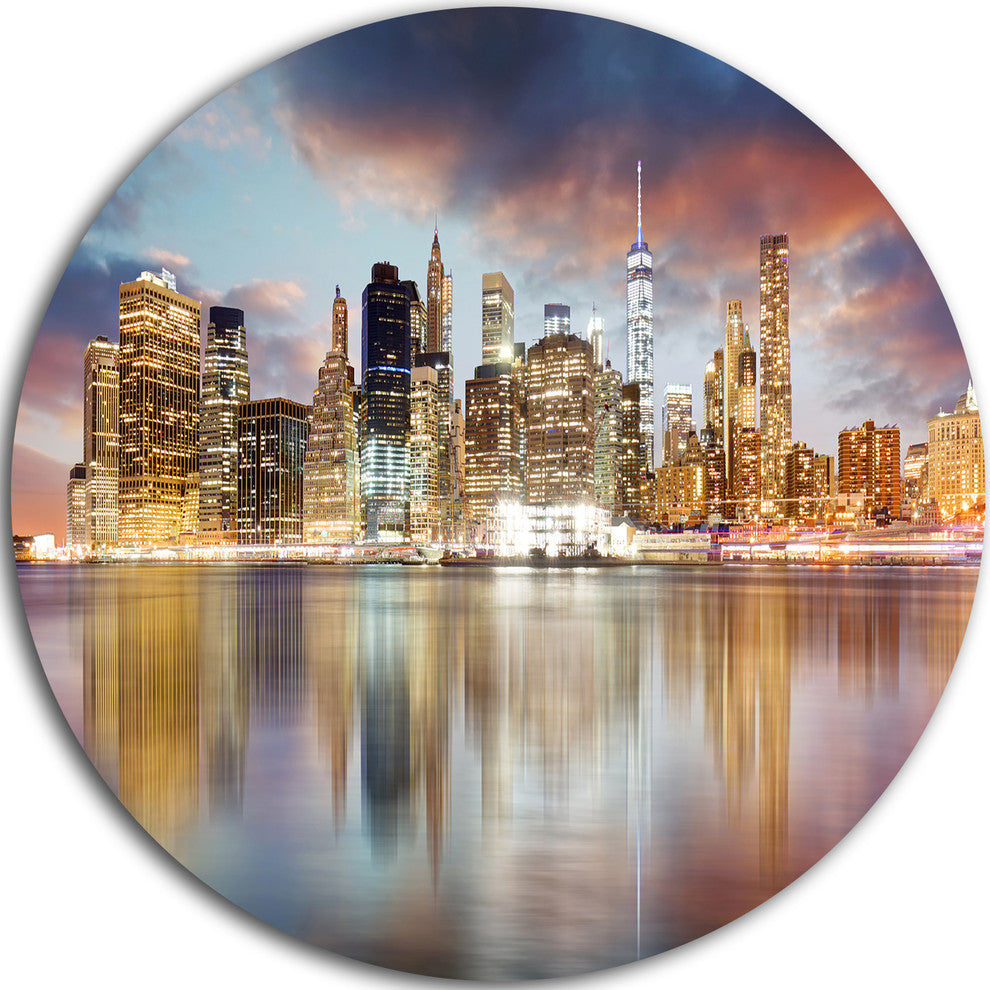 New York Skyline At Sunrise With Reflection., Disc Metal Wall Art, 23"