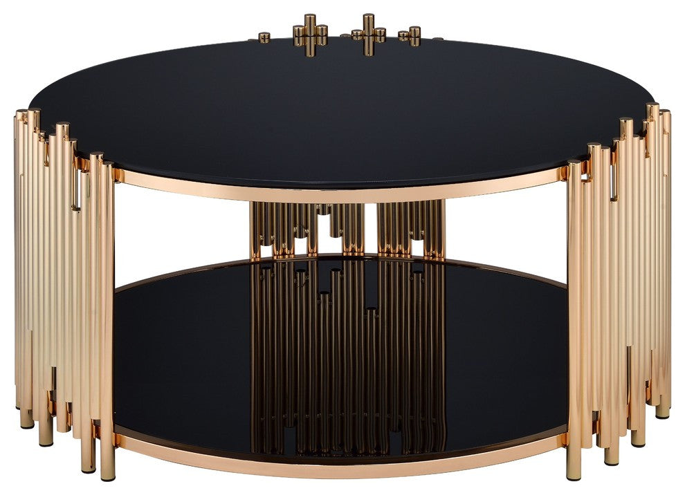 HomeRoots 37" X 37" X 18" Black Glass And Gold Coffee Table