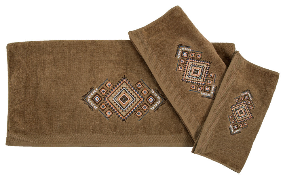 Sedona Embroidered Aztec Towel Set, Mocha, 3 Piece
