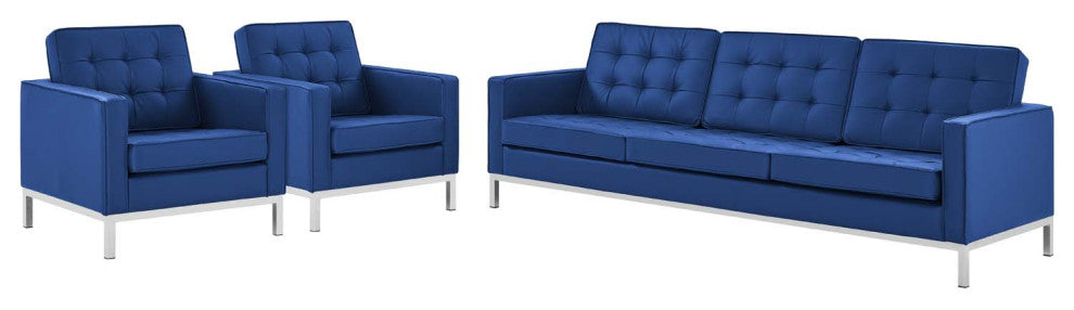 Tufted Armchair and Sofa Set, Faux Leather, Silver Blue Navy, Modern, Lounge