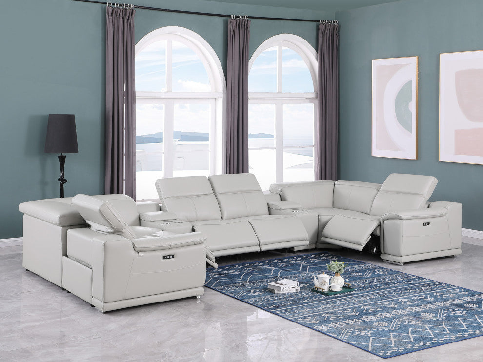 Federico 8-Piece Italian Leather U Sectional, 4 Power Recliners, Light Gray