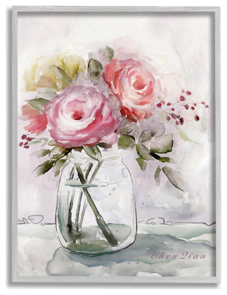 Flower Jar Pink Green Watercolor Painting, 16"x20", Gray Frame