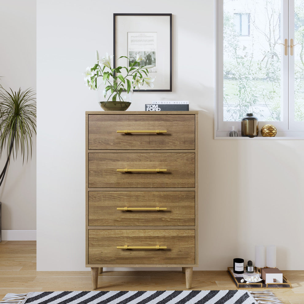 4 Drawers 30" W Wood Chest, Natural Walnut