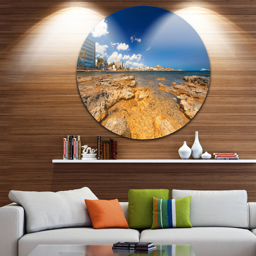 Paradise Beach In Ibiza Island, Seashore Photo Round Metal Artwork, 36"