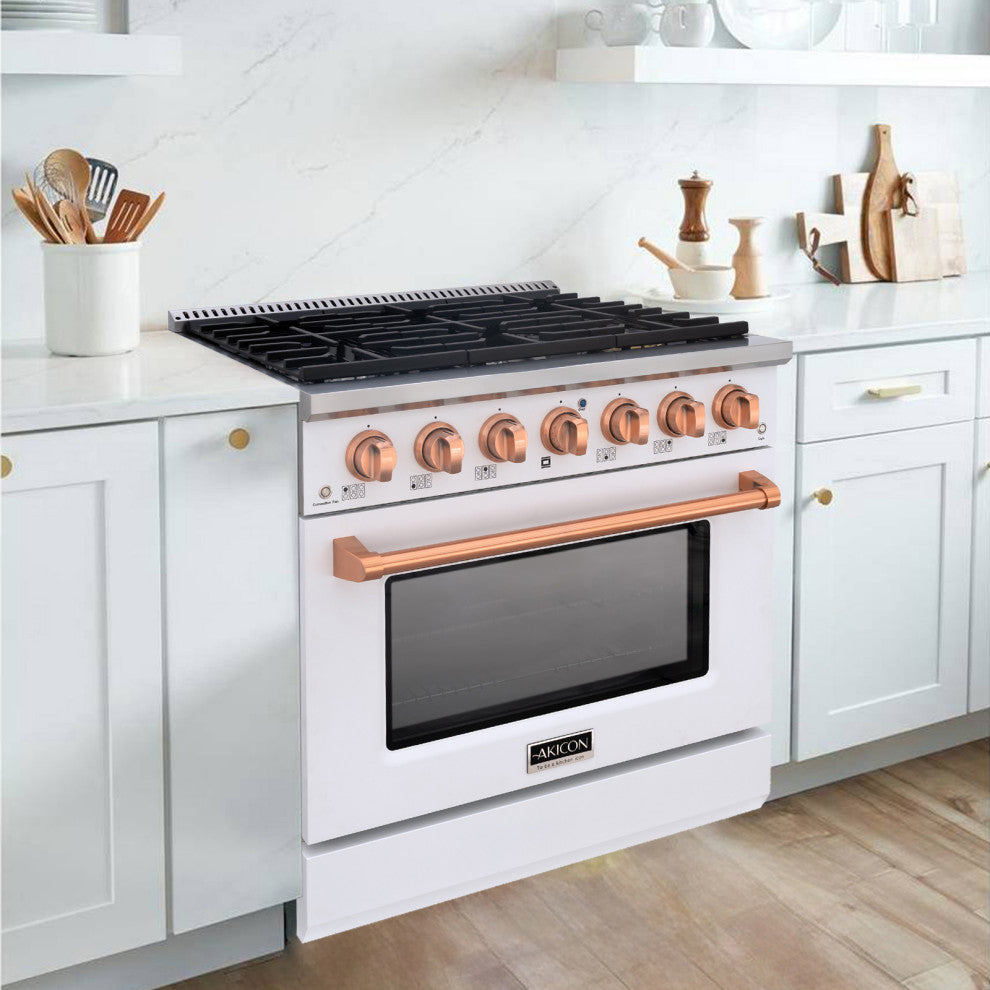 36" Slide-in Freestanding Gas Range & 5.2 Cu. Ft. Oven, 6 Burners. White, White & Copper, 36"