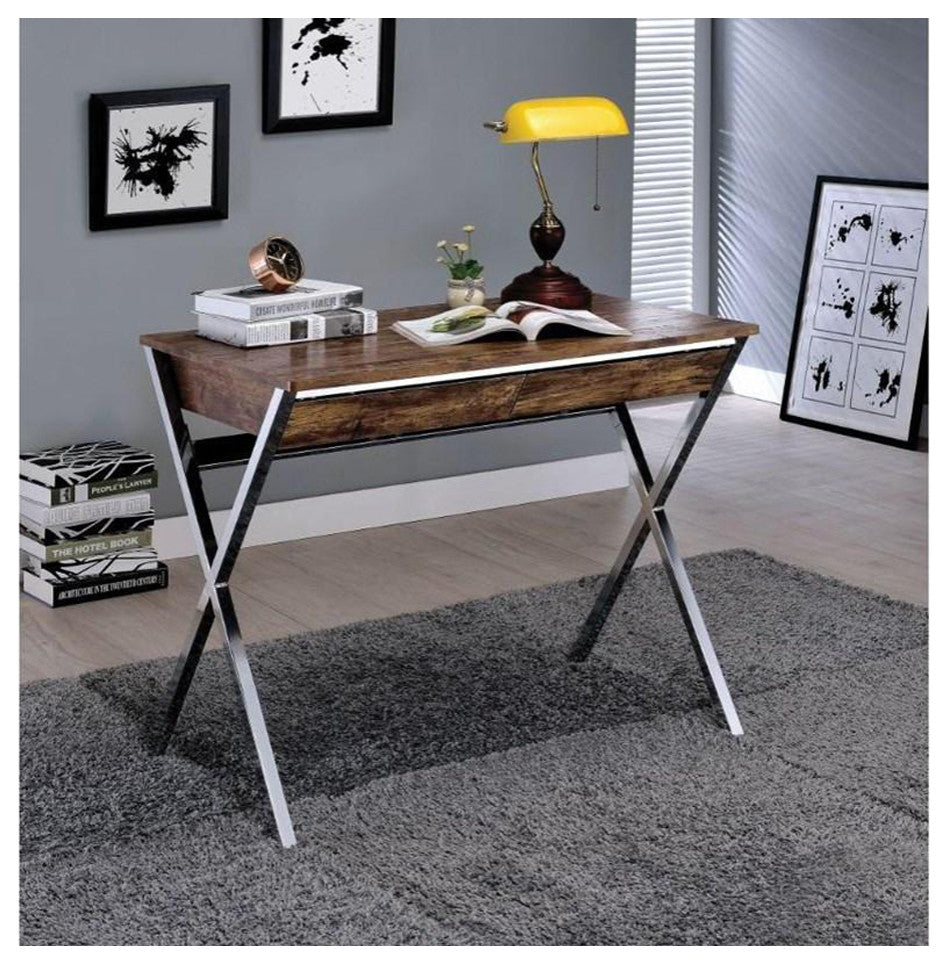 2 Drawers Writing Desk, Weathered Oak and Chrome