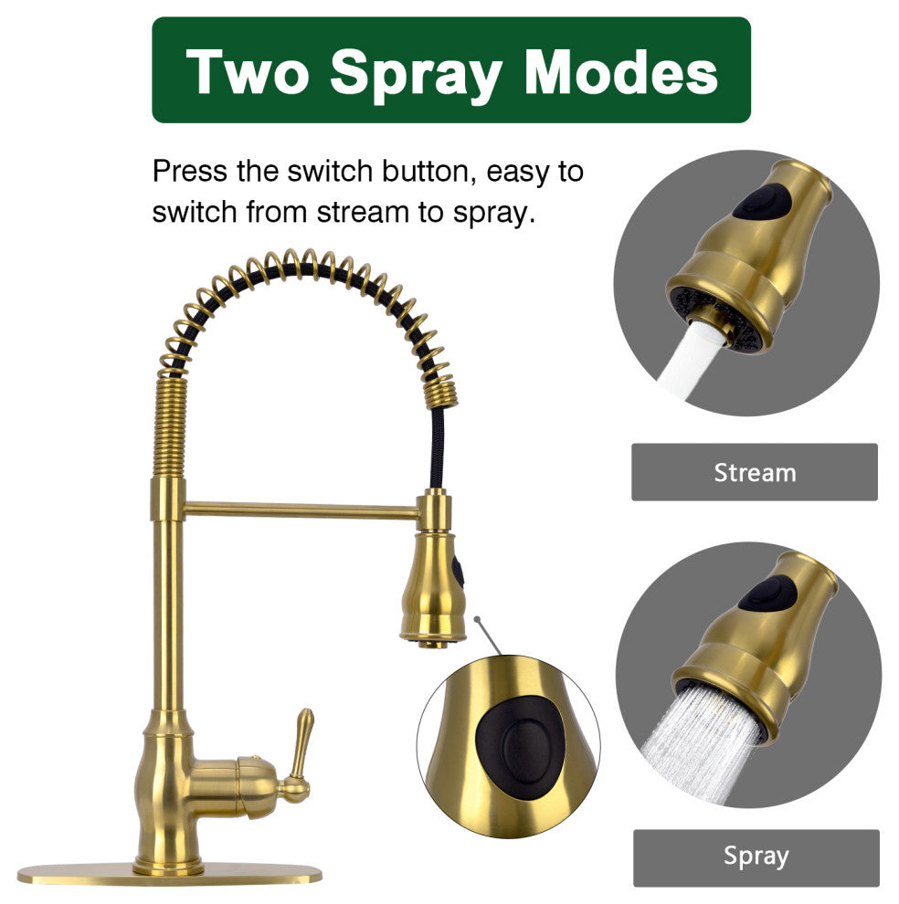 Copper Pre-Rinse Spring Kitchen Faucet with Pull Down Sprayer, Brushed Gold