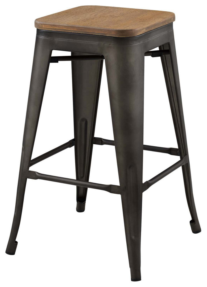 Counter Stool Chair, Set of 2, Wood, Metal, Brown, Modern, Bar Pub Restaurant