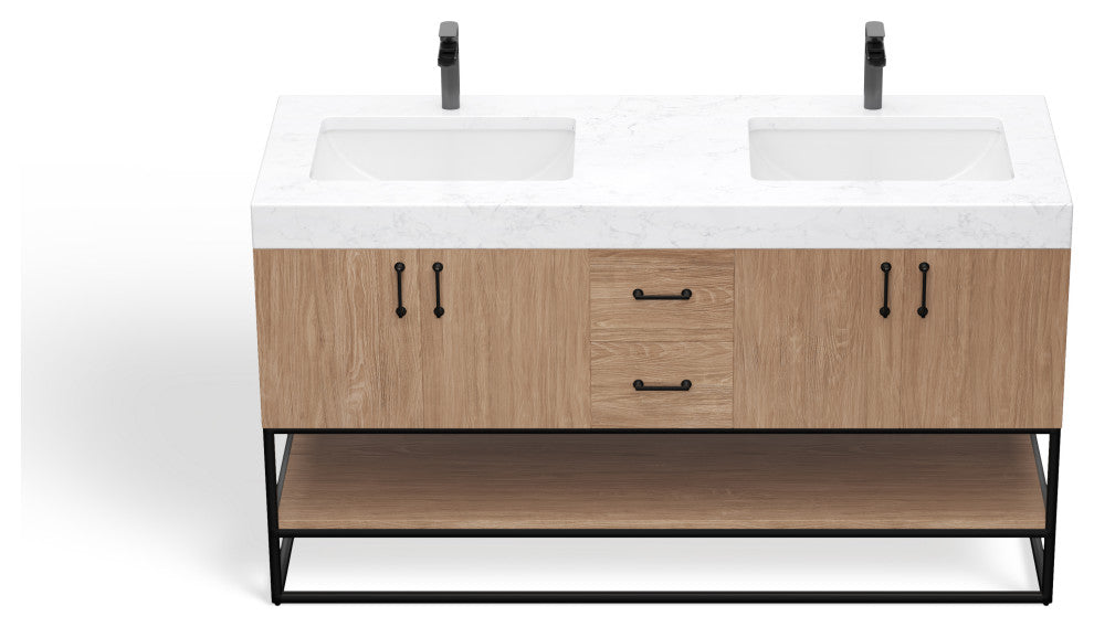 Bahia Bath Vanity, Oak, 60", Matte Black Hardware, Double, Freestanding