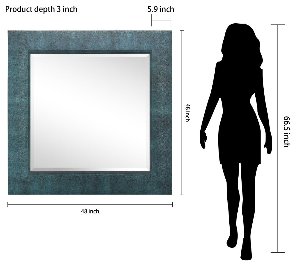 Beveled Wall Mirror,Black on Blue Metallic Shagreen Leather Framed Square Mirror