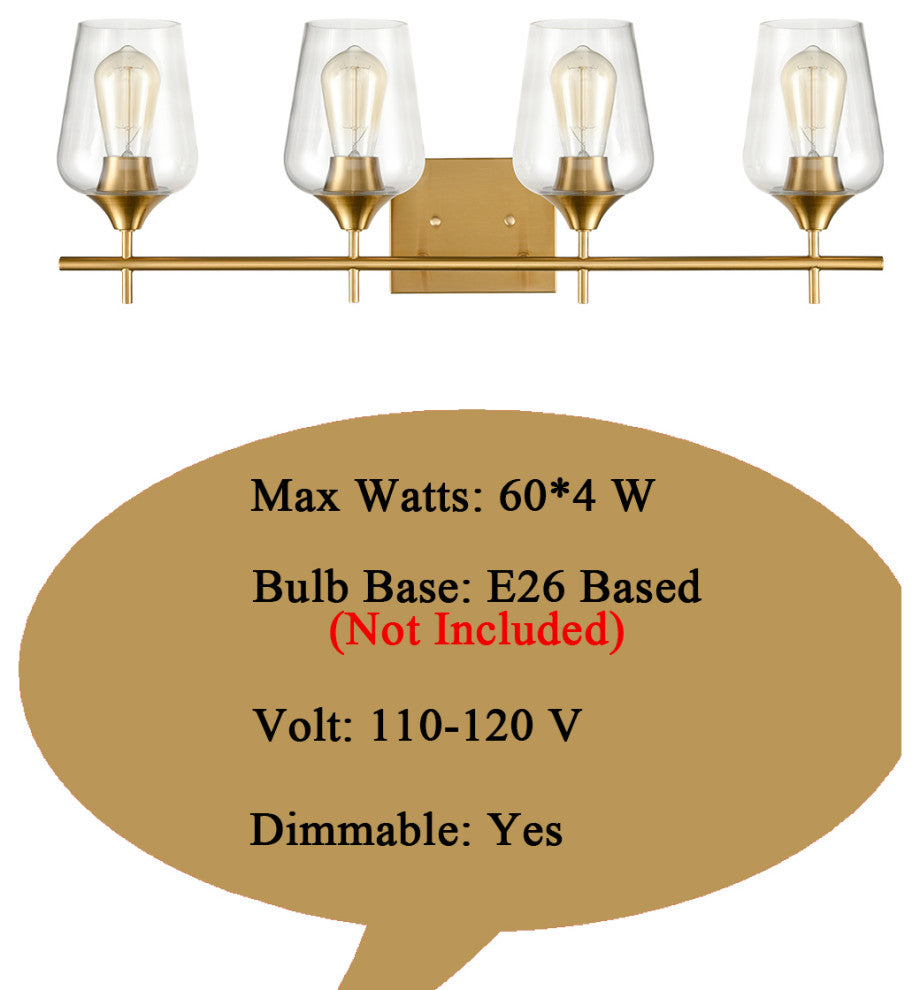 Farmhouse Bathroom Vanity Lights Clear Glass Sconces, Brass, 4-Light