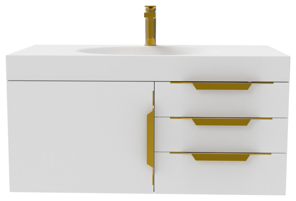 CastelloUSA Thames Shallow Basin Vanity Set, White, 36", White Top, Gold Handles