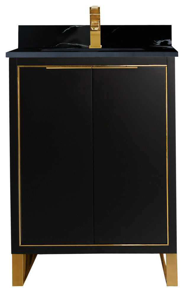 Opulence Bath Vanity, Black Matte, 24", Satin Brass Hardware, Black Marble Top