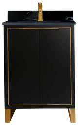 Opulence Bath Vanity, Black Matte, 24", Satin Brass Hardware, Black Marble Top
