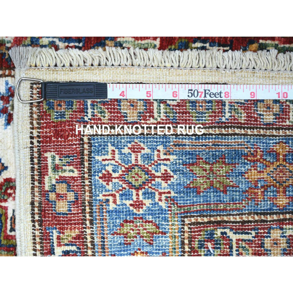 Ivory Hand Knotted Afghan Super Kazak Vibrant Wool Runner Rug 2'7"x12'10"