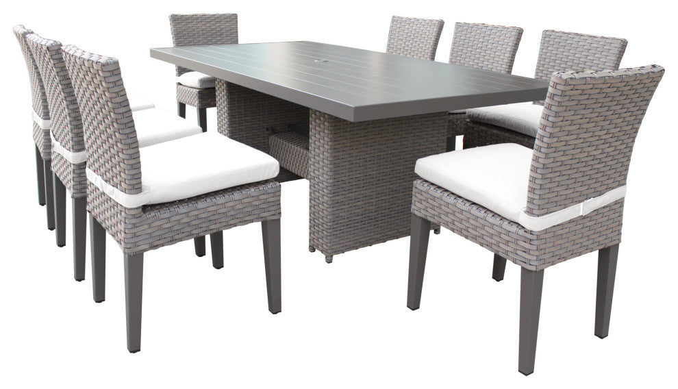 Monterey Rectangular Patio Dining Table, 8 Armless Chairs Sail White