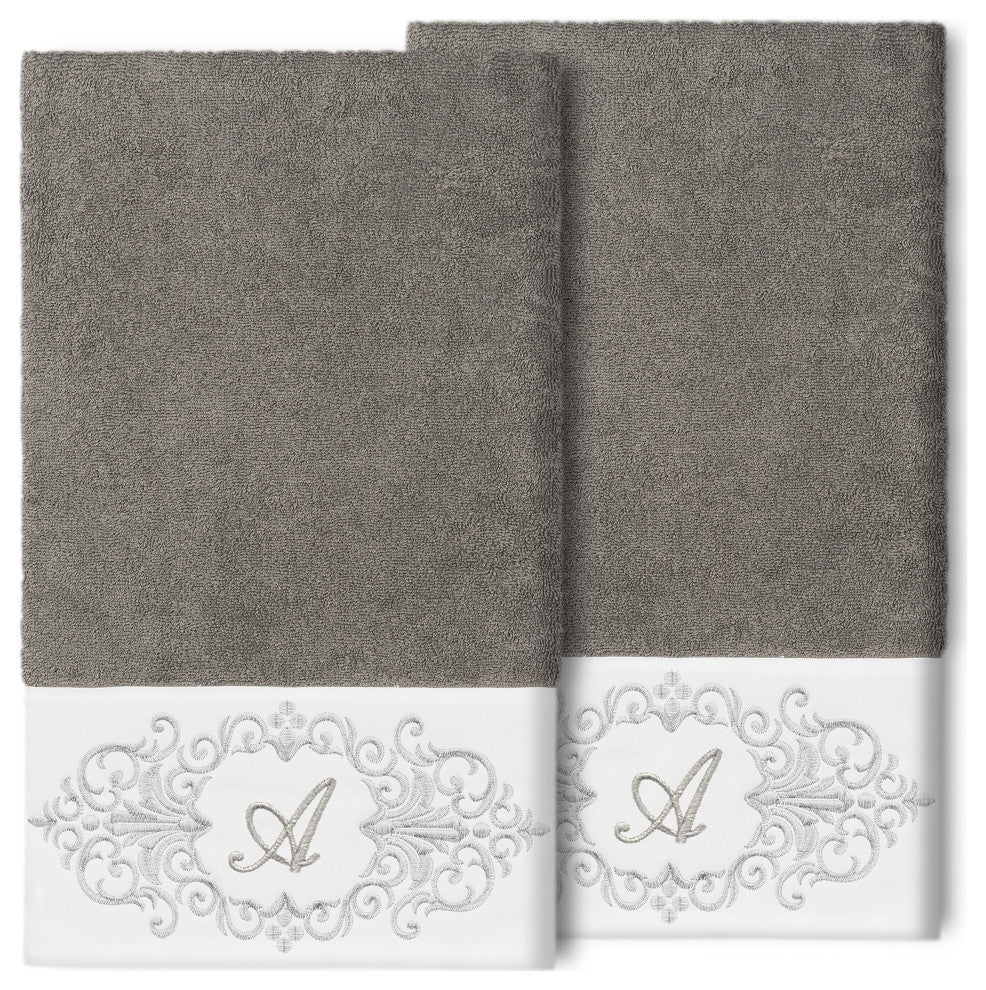 Linum Home Turkish Cotton Monica 2-Piece Embellished Bath Towel Set, Dark Gray