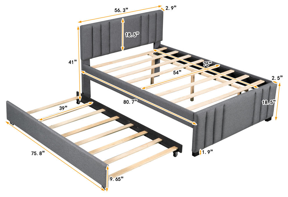 Gewnee Full Upholstered Platform Bed with Trundle in Grey