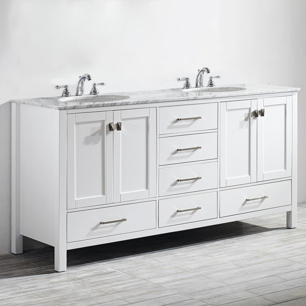 Vinnova Gela 72" White Double Sink Vanity With Carrara White Marble Countertop