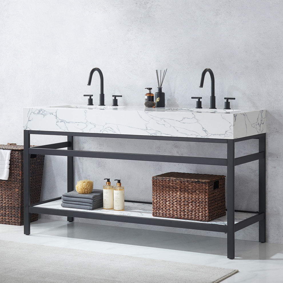 Ecija Bath Vanity, Metal Support with Stone Top, Matte Black, 60 in. Double Sink, No Mirror