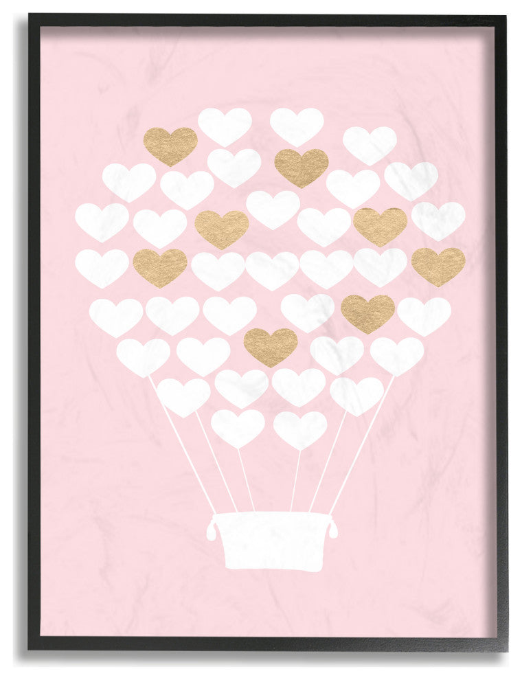 Stupell Industries White Gold Pink Heart Hot Air Balloon, 11"x14", Black Framed