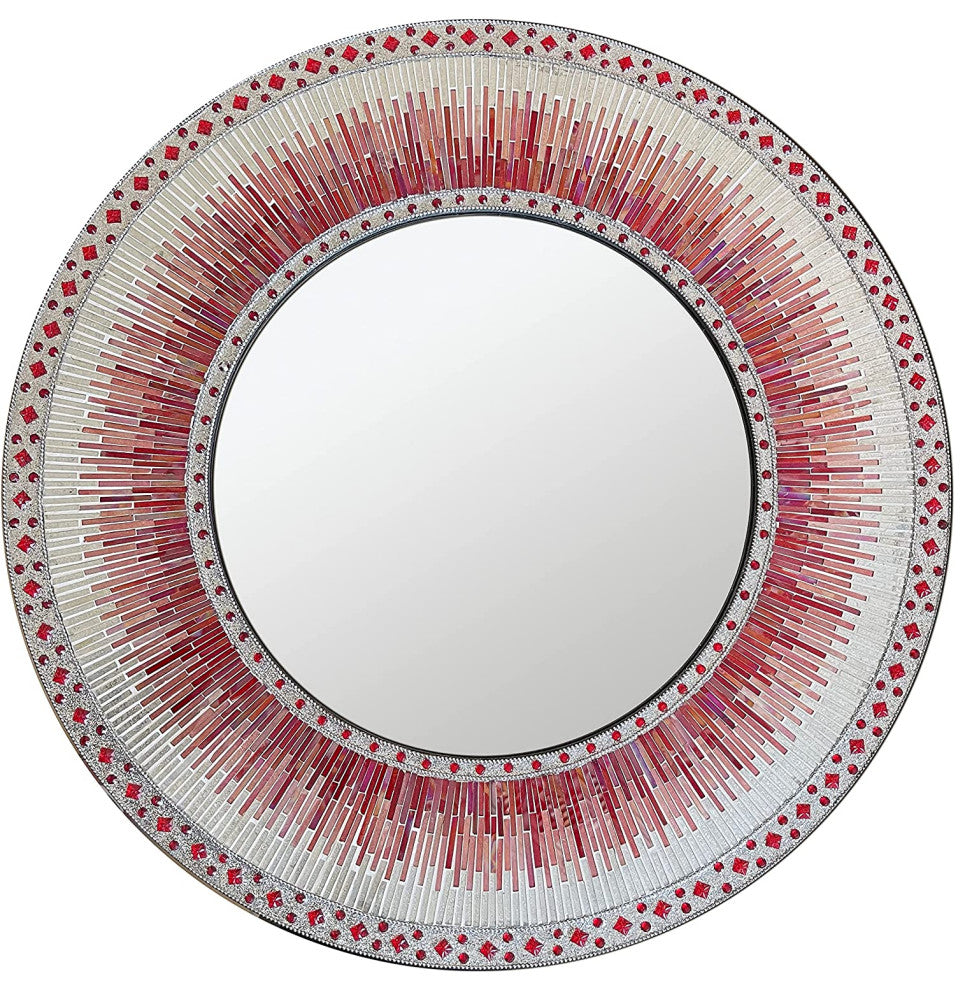 DecorShore 24" Mosaic Wall Mirror in Shades of Bright Red, Blush Pink and White