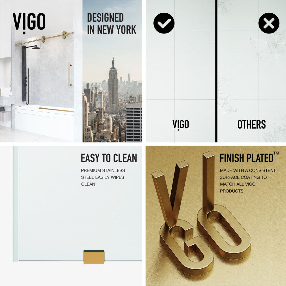VIGO Elan 56" to 60" W x 66" H Frameless Sliding Tub Door, Matte Gold, Laminated Glass