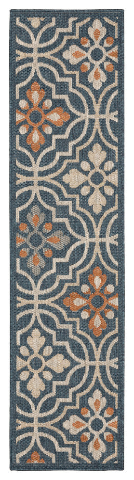 2' X 8' Blue and Orange Moroccan Indoor Outdoor Area Rug