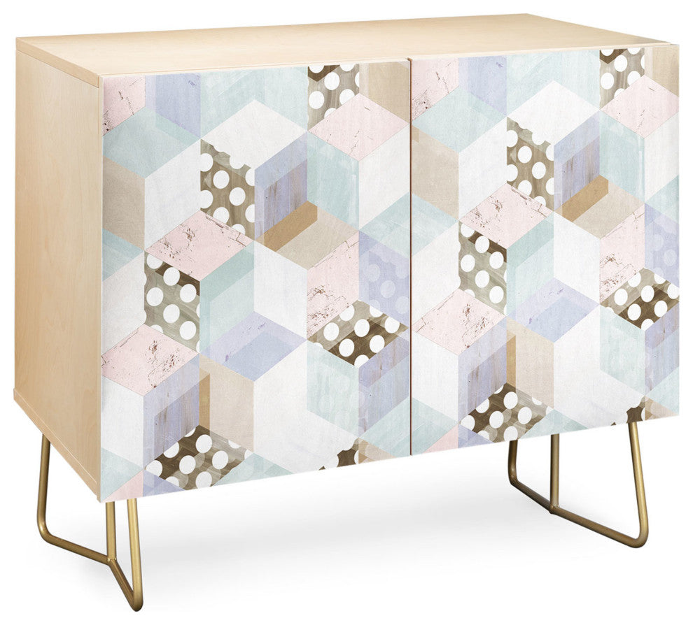Deny Designs Geometric Pastel Cubes Credenza, Birch, Gold Steel Legs