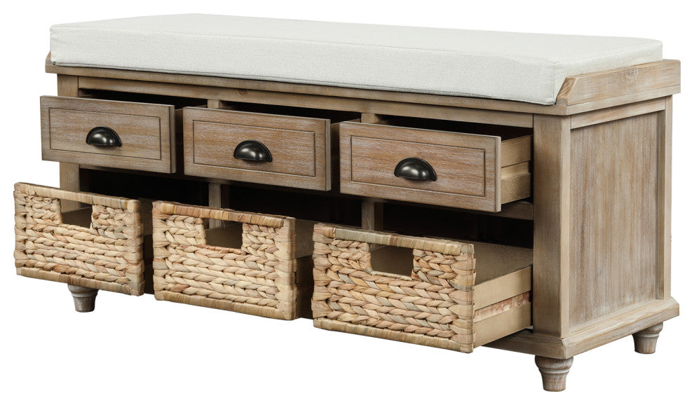 TATEUS 42" Rustic Storage Bench With 3 Drawers and 3 Rattan Baskets, White Washed