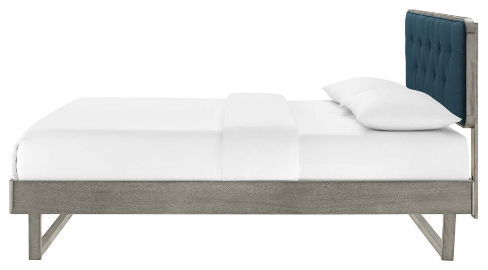 Platform Bed Frame, Queen Size, Fabric, Wood, Gray Navy Blue, Modern