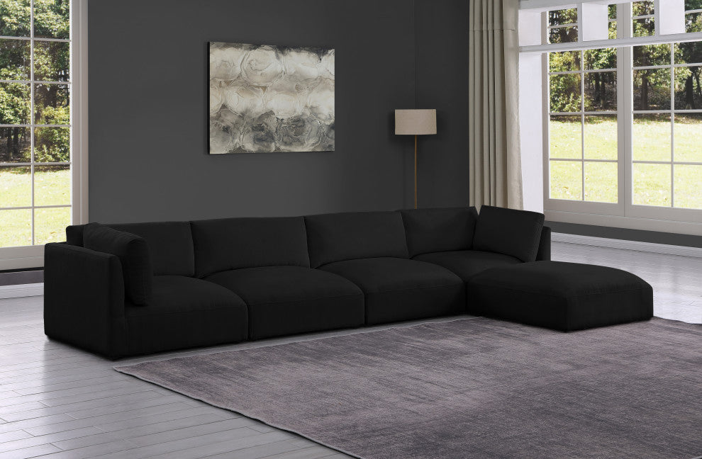 Ease Fabric Upholstered L-Shaped Modular Sectional, Black, 4 Piece: 2 Corner, 2 Armless, 1 Ottoman
