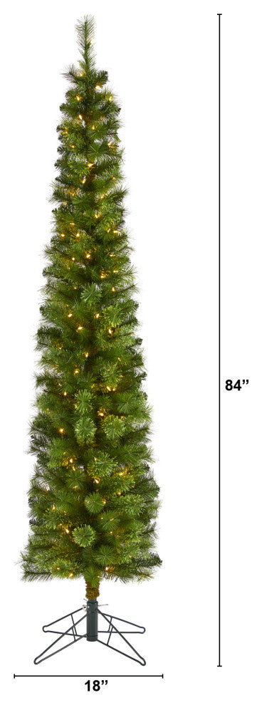 7' Green Pencil Faux Xmas Tree W/Clear Multifunction Lights & Bendable Branches
