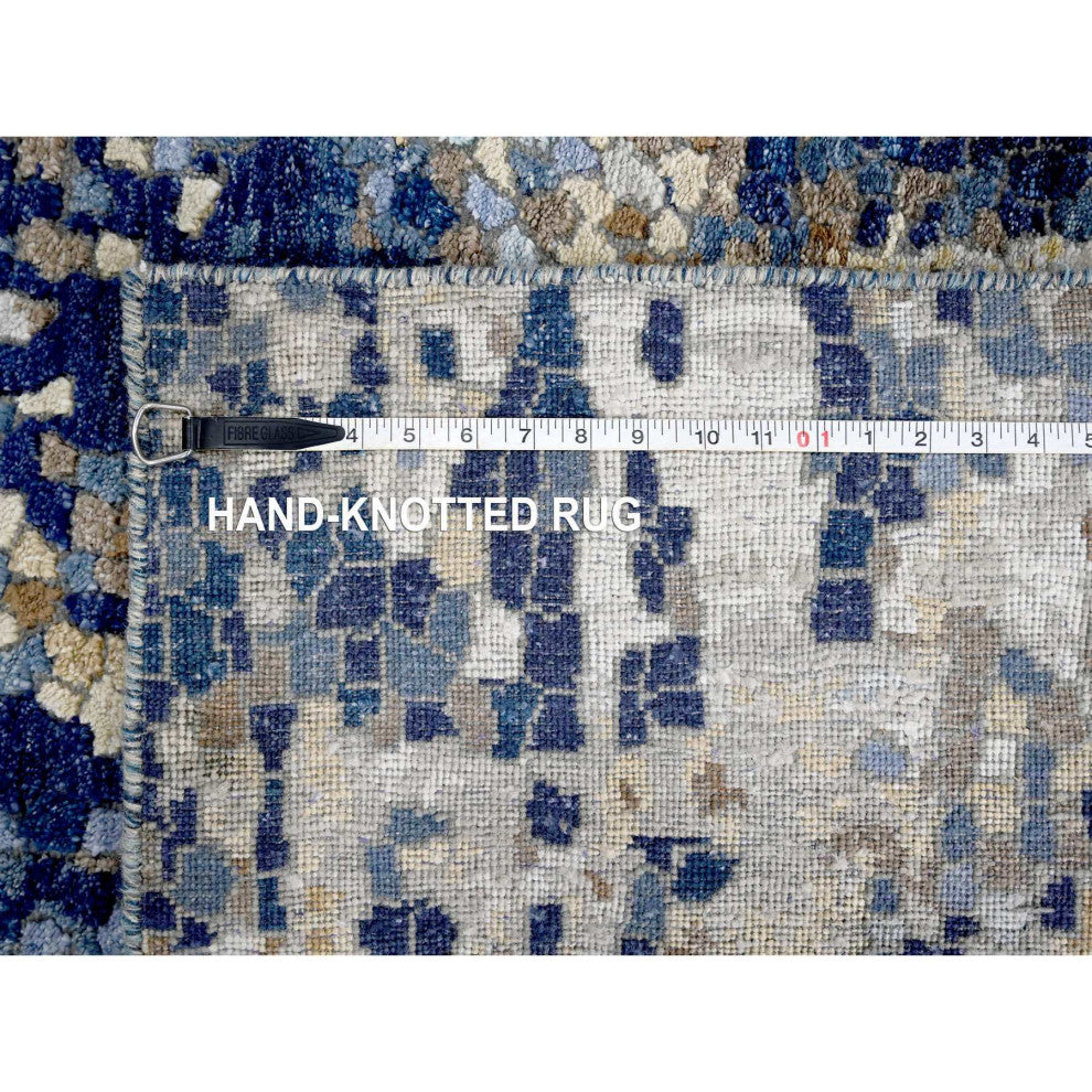 Millennium Blue Modern Mosaic Design Wool and Silk Hand Knotted Rug 4'x5'11"