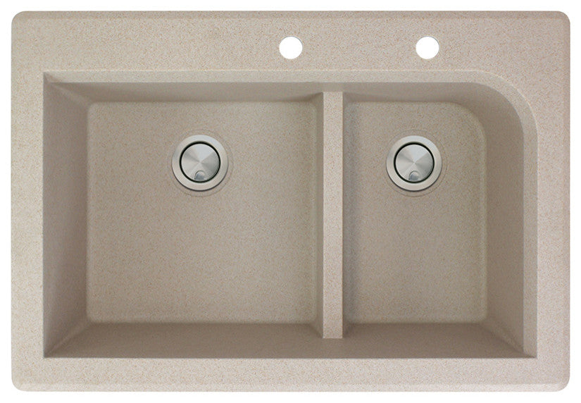Radius 33" silQ Granite Double Bowl Kitchen Sink with 2 Holes in Cafe Latte