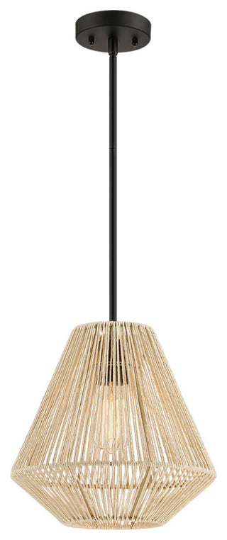 12" W 1-Light Rattan Single Pendant Light With Black Canopy