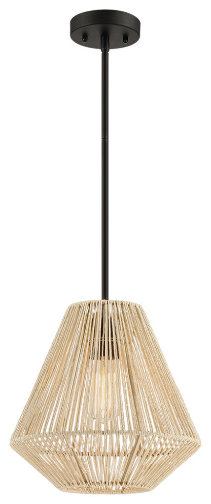 12" W 1-Light Rattan Single Pendant Light With Black Canopy