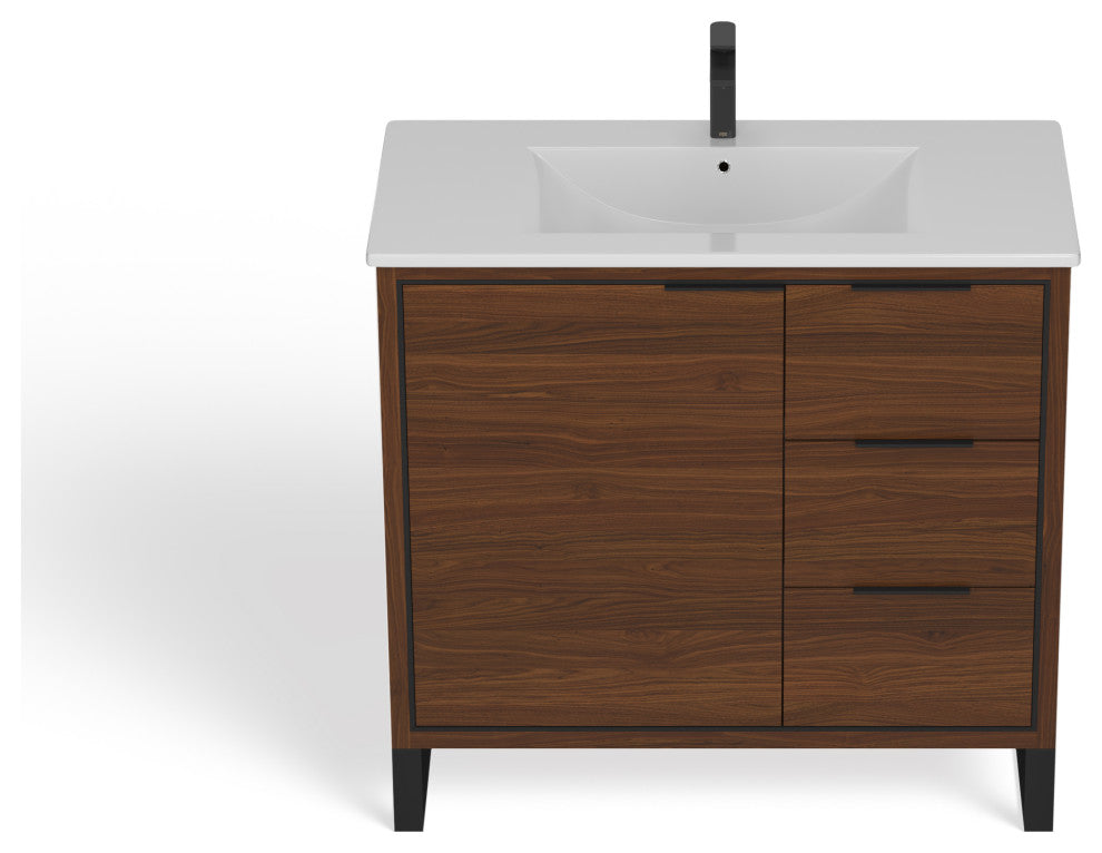 Bradford Bath Vanity, Walnut, 36", Black Hardware, Single Sink, Freestanding