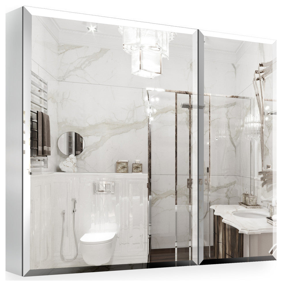 Aurora Recessed or Surface Mount Frameless Mirror with 2 Shelves,30x26Inch