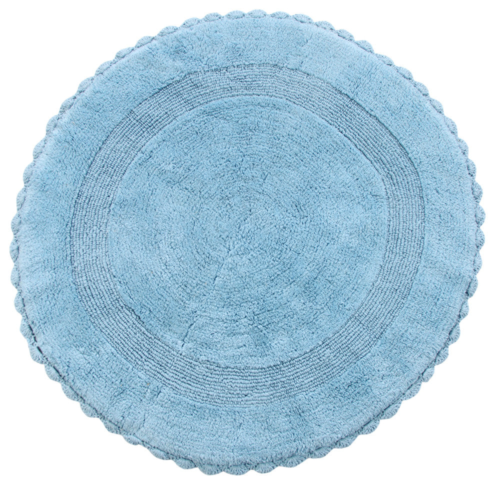 Saffron Fabs Bath Rug 36" Reversible Hand Knit Crochet Lace Border, Arctic Blue