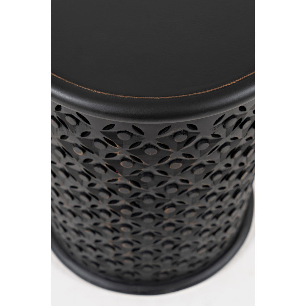 Mango Wood Handcrafted Solid Hardwood Drum Table, Antique Black Finish Set of 2